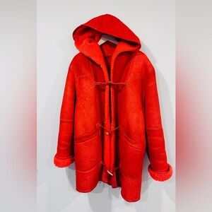 Vintage Brick Red Genuine Shearling Hooded Coat | Heavyweight | Made in USA